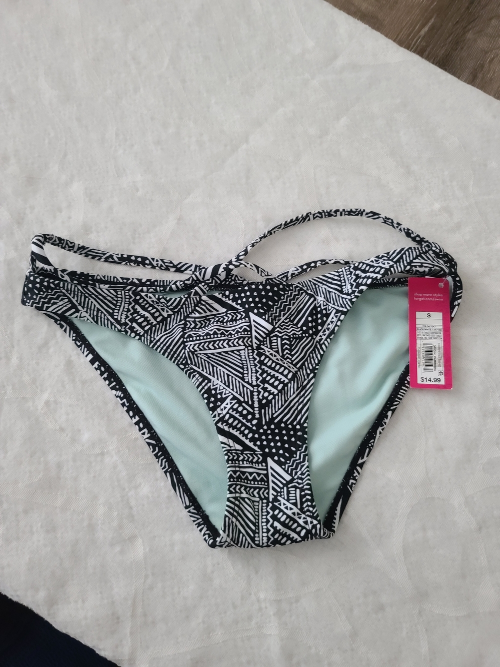Xhilaration Black & White Geometric Print Bikini Bottom with Mint Lining